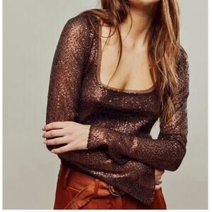 Free People Late Night Sequins Top Hot Fudge Brown Sequin Top NEW XS